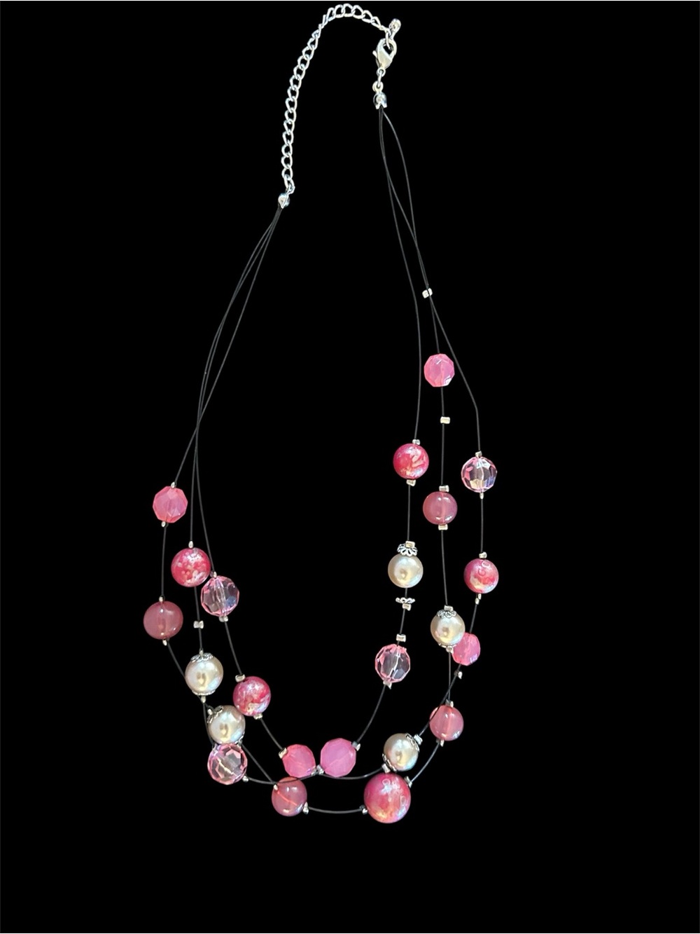Triple-Strand Pink Bead Necklace with Iridescent Accents